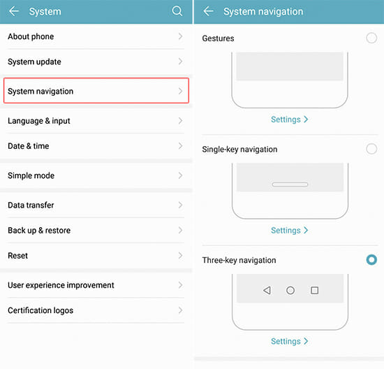 System Navigations in Honor 8C