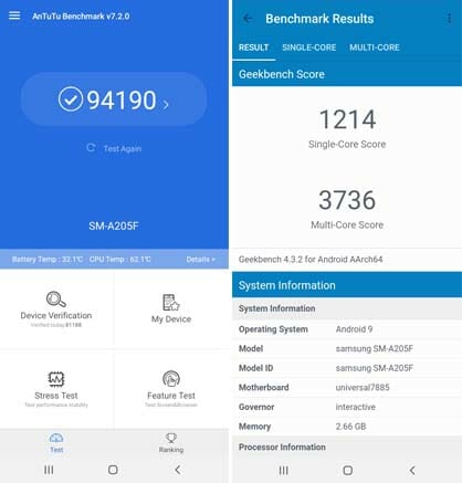 Samsung Galaxy A20 benchmarks