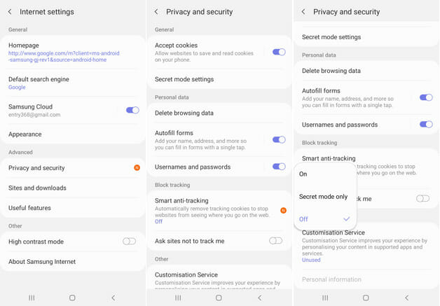 Samsung Internet Settings