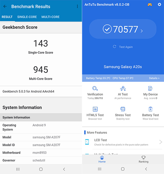 Samsung Galaxy A20s benchmarks score